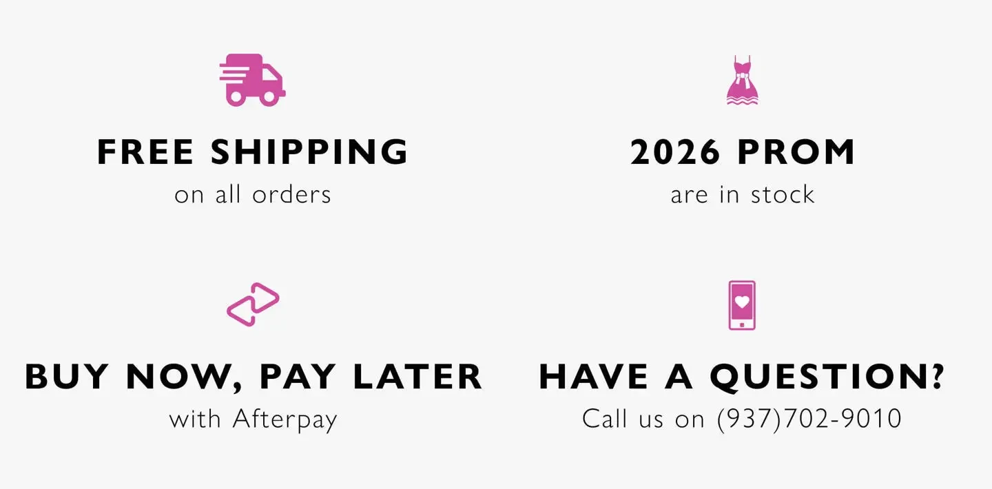 Image banner showcasing free shipping on all orders, afterpay, prom 2026 wording and the phone number of the store