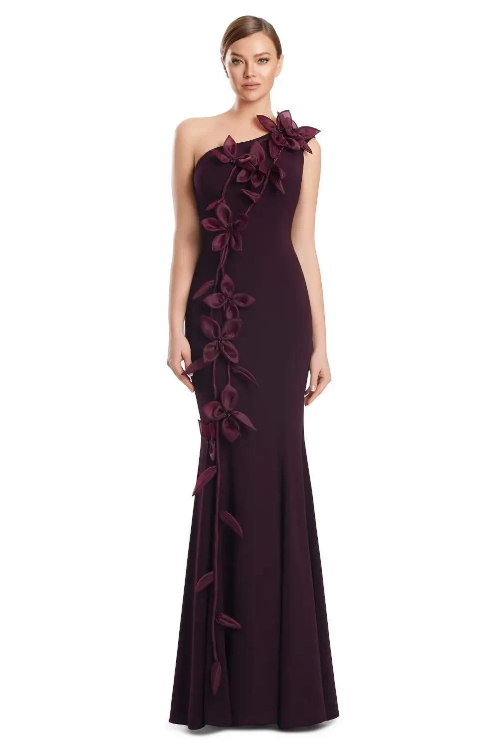 model is wearing a one shoulder mothers dress