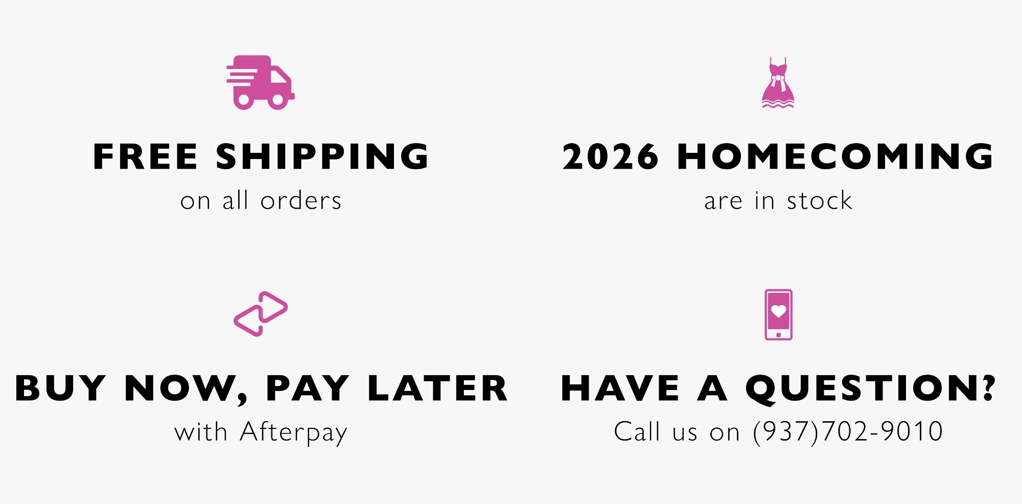Image banner showcasing free shipping on all orders, afterpay, prom 2026 wording and the phone number of the store